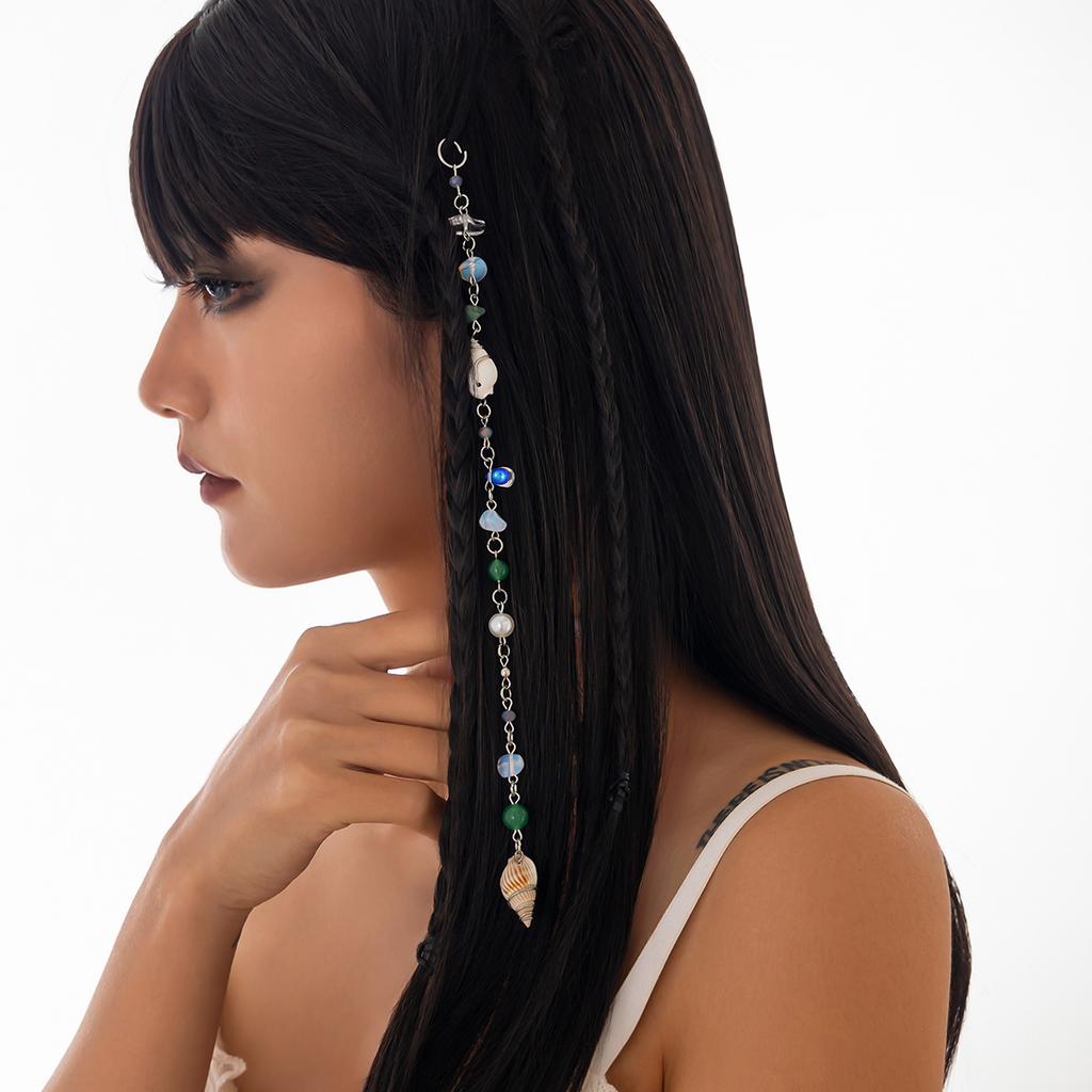 Ocean Vacation Style Conch Fringed Hair Accessories, Simple Irregular Gravel Long Chain Braided Hairpin