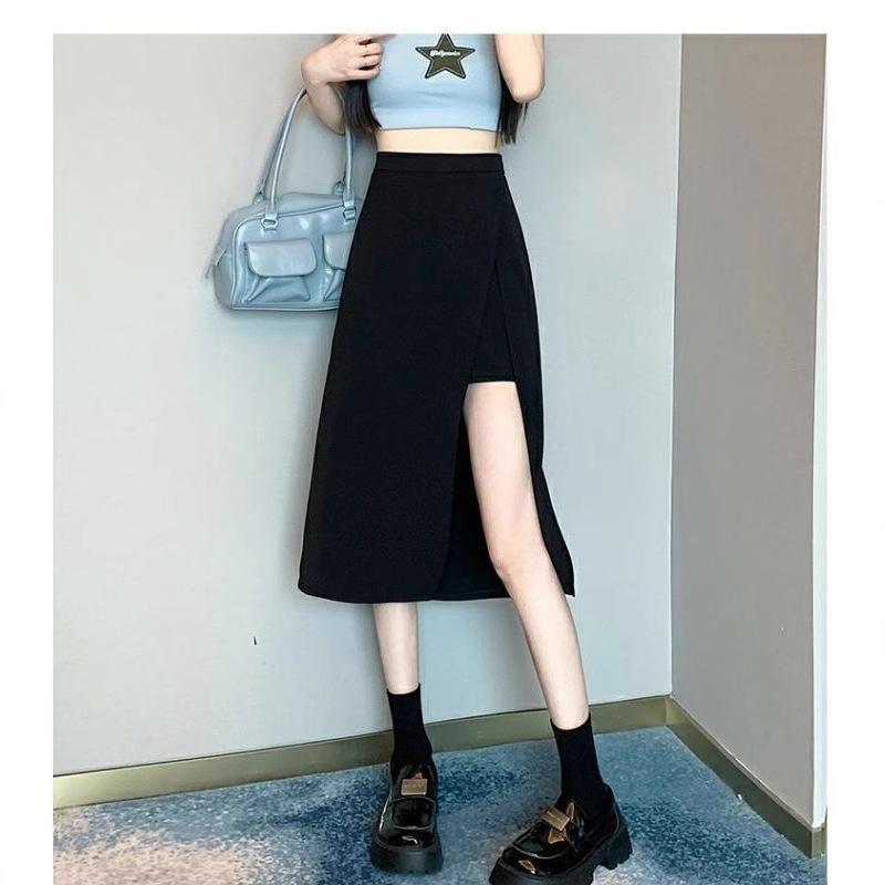 Irregularly Split Black Skirt Women's Summer Medium and Long A-shaped Skirt Safety Pants High Waist Short Skirt Skirt