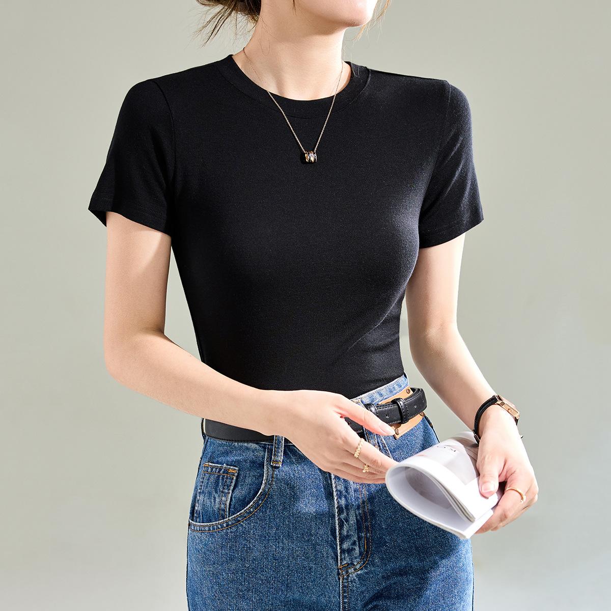 

Round Neck Shoulder T-shirt Women High Quality Summer New Slim Gentle Atmosphere Top M чорний