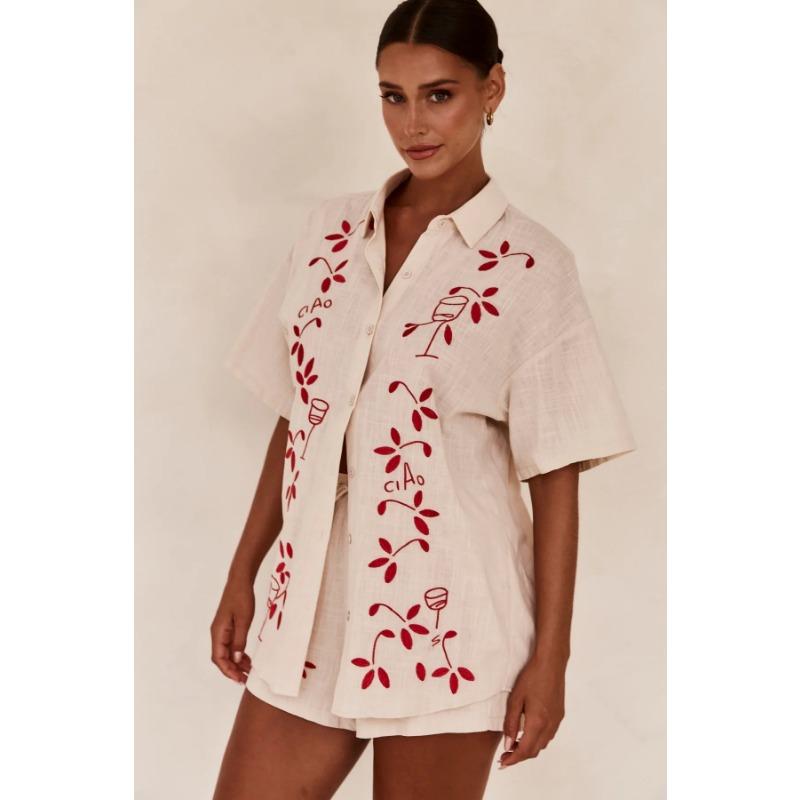 

VEZFAA Женская мода повседневная летняя весенняя цветочная модель с принтом короткий рукав поло воротник брюки костюмы XL