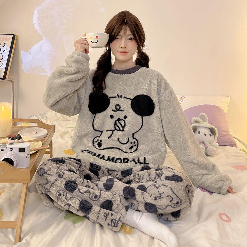 Damski Słodki Kreskówkowy Flanelowy Zestaw Piżamowy - Gruby, Podszyty Polarem i Przytulny na Jesień i Zimę