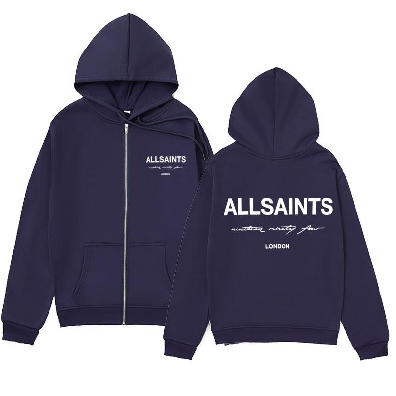ALLSAINTS Letter Print Zip Up Hoodie Loose Drop Shoulder Casual Sweatshirt Men Women
