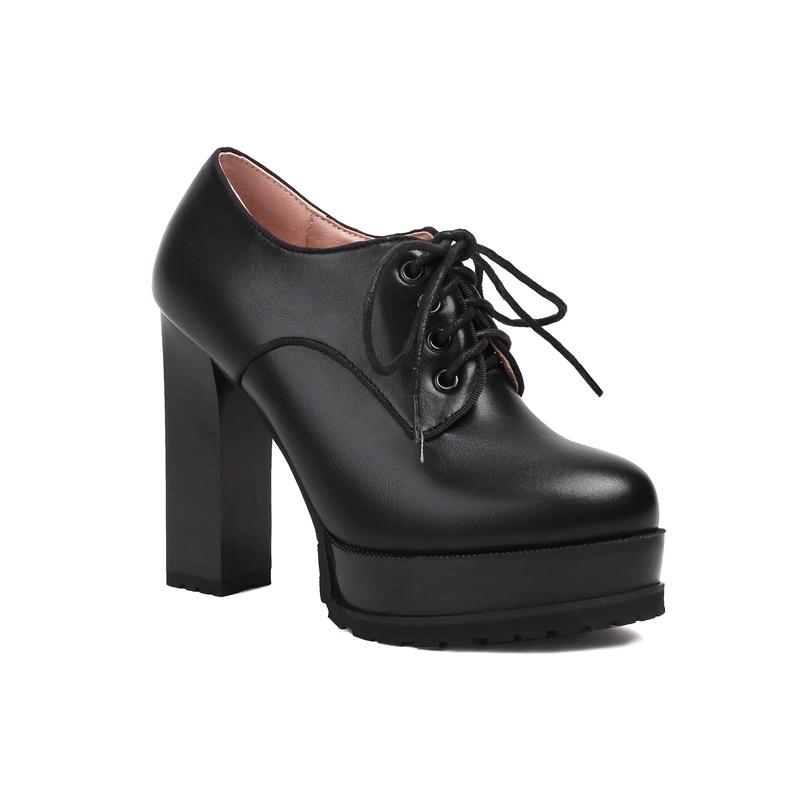 Fashion Women's New Spring and Autumn Round Head Thick Sole Waterproof Platform Lace up High Heel Large Size Deep Mouth Single Shoes