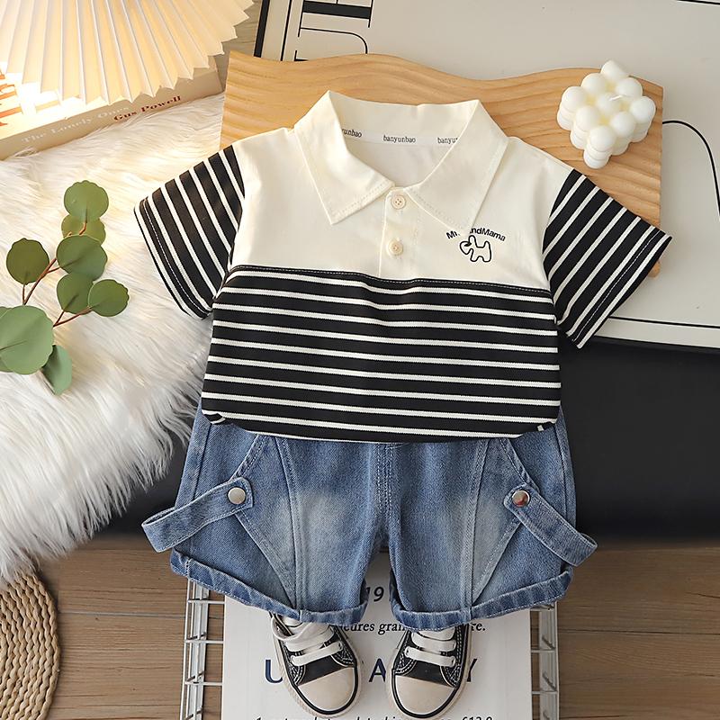 Boys' short sleeved set Summer 0-5-year-old children's striped printed POLO shirt+casual denim shorts two-piece set