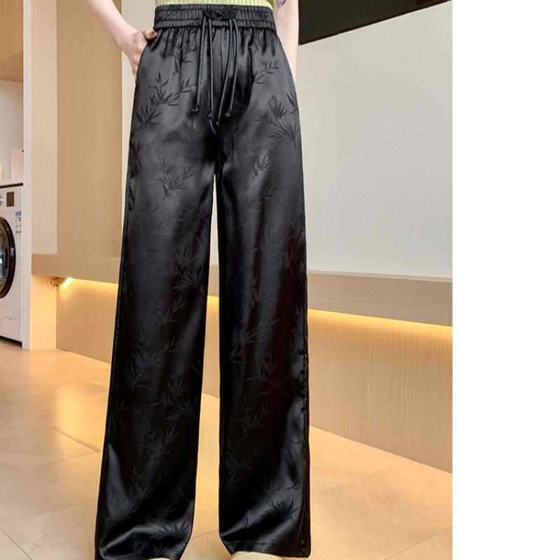 Summer Autumn Women Vintage Jacquard Flower Satin High Waist Wide Leg Pant Trouser With Pocket For Girls