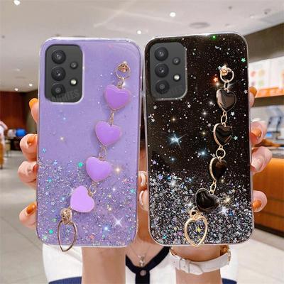 A 52 53 23 Love Heart Wrist Chain Glitter Case para Samsung Galaxy A52 A53 A23 A13 A32 A72 A73 A33 4g 5g Pulseira Silicone Capa