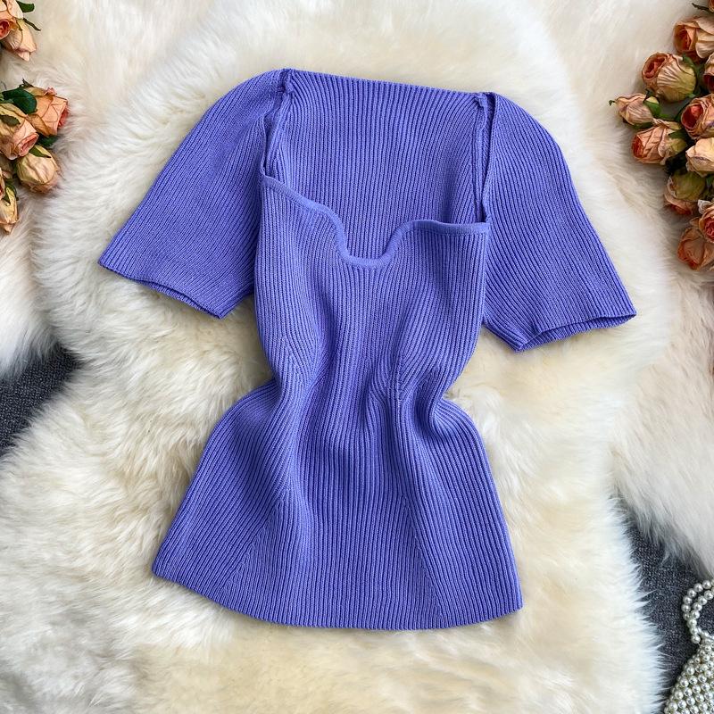 Women Summer Color Solid T Shirt Short Sleeve Square Collar Straight Tee Shirt Wear Top