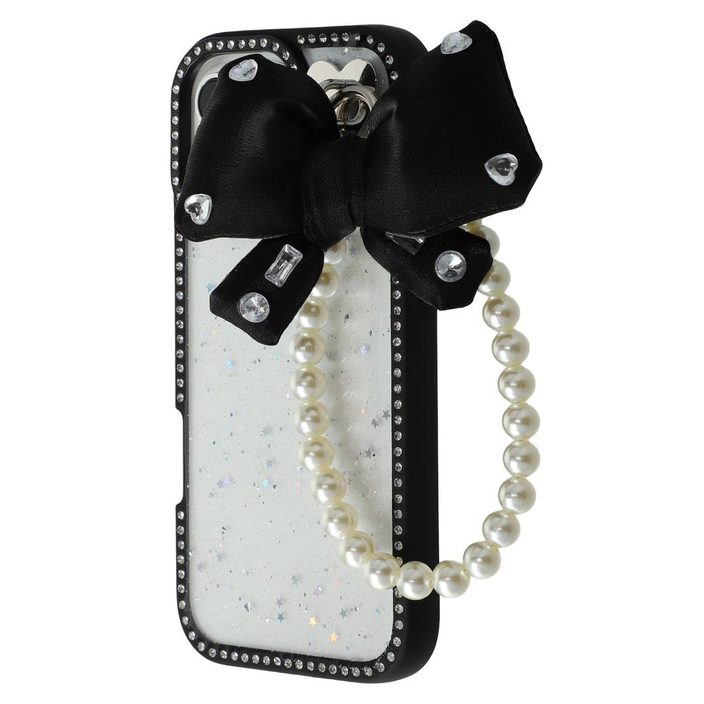 For iPhone 16 Pro Max Case Glitter Epoxy Design TPU+PC Phone Back Cover with Bow Strap,Rhinestone Decor