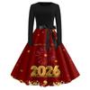 Women's Casual Fashion Round Neck Long Sleeve New Year Printed Retro Dress