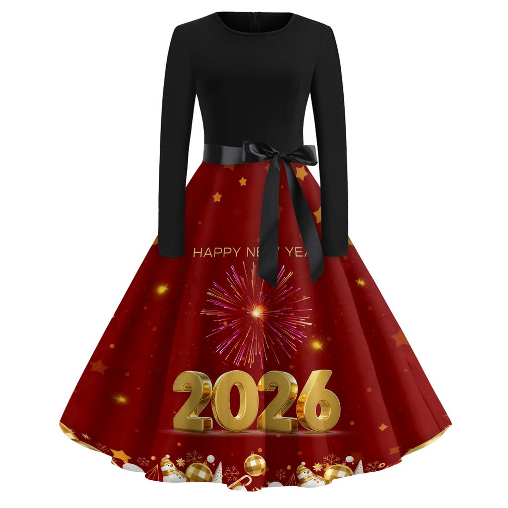 Women's Casual Fashion Round Neck Long Sleeve New Year Printed Retro Dress