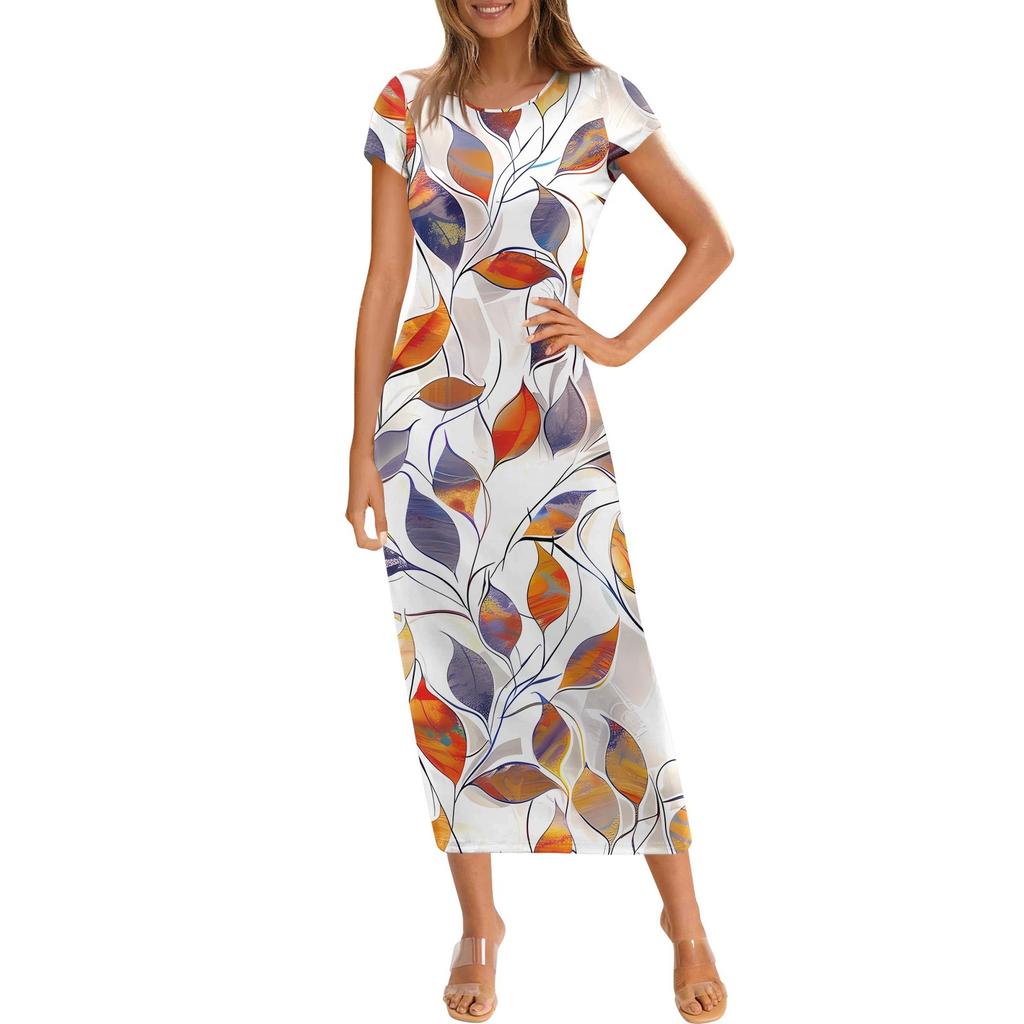 Women's Fashion Casual Print Round Neck Short Sleeve Long Dress