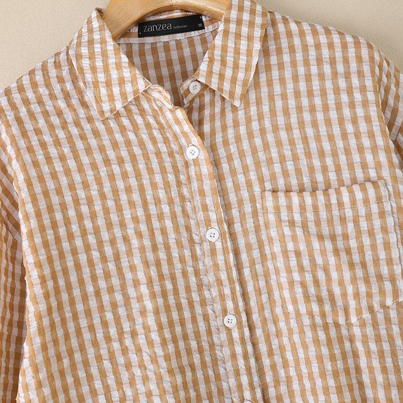 ZANZEA Women Casual Turn Down Collar Grid Print Loose Long Sleeve Blouse