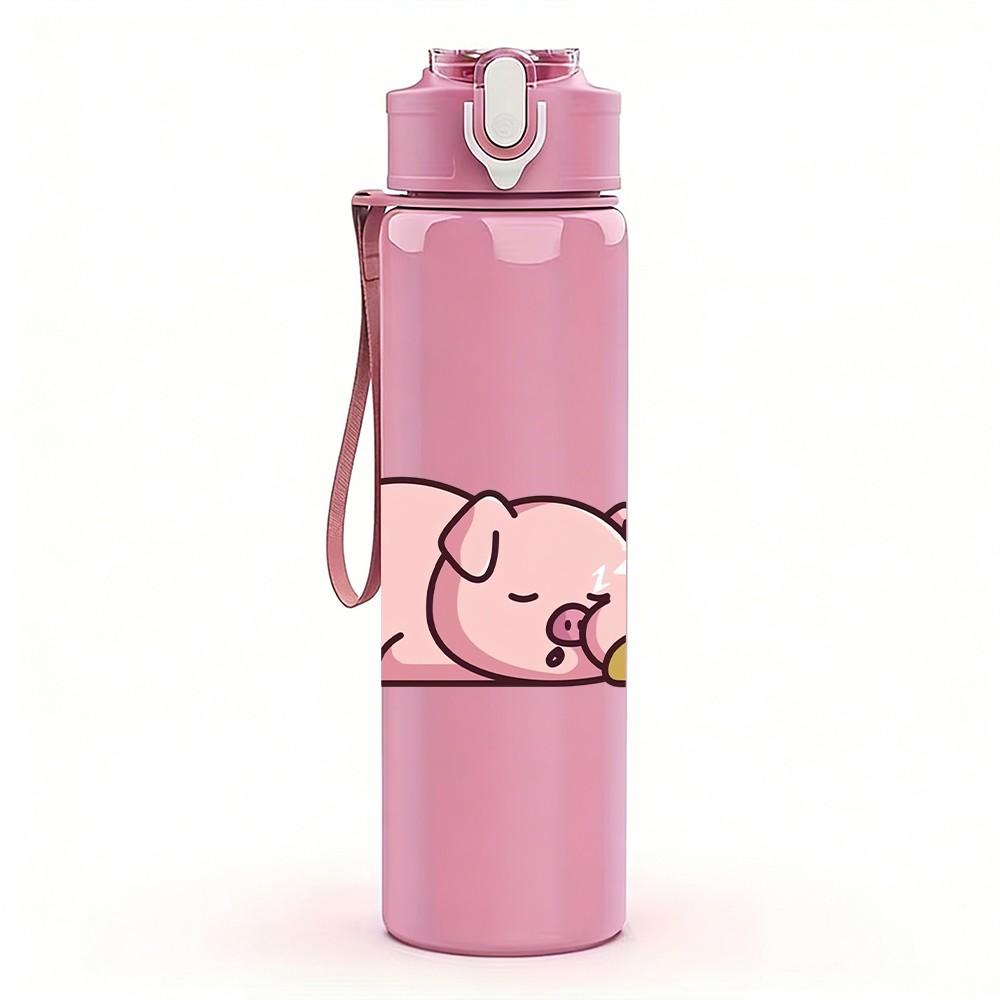 1PC Sleepy Pink Pig Cute Cartoon Print 750ml Color Plastic Sports Water Bottle Leakproof Flip Straw Lid Suitable for Sports Office Home Use