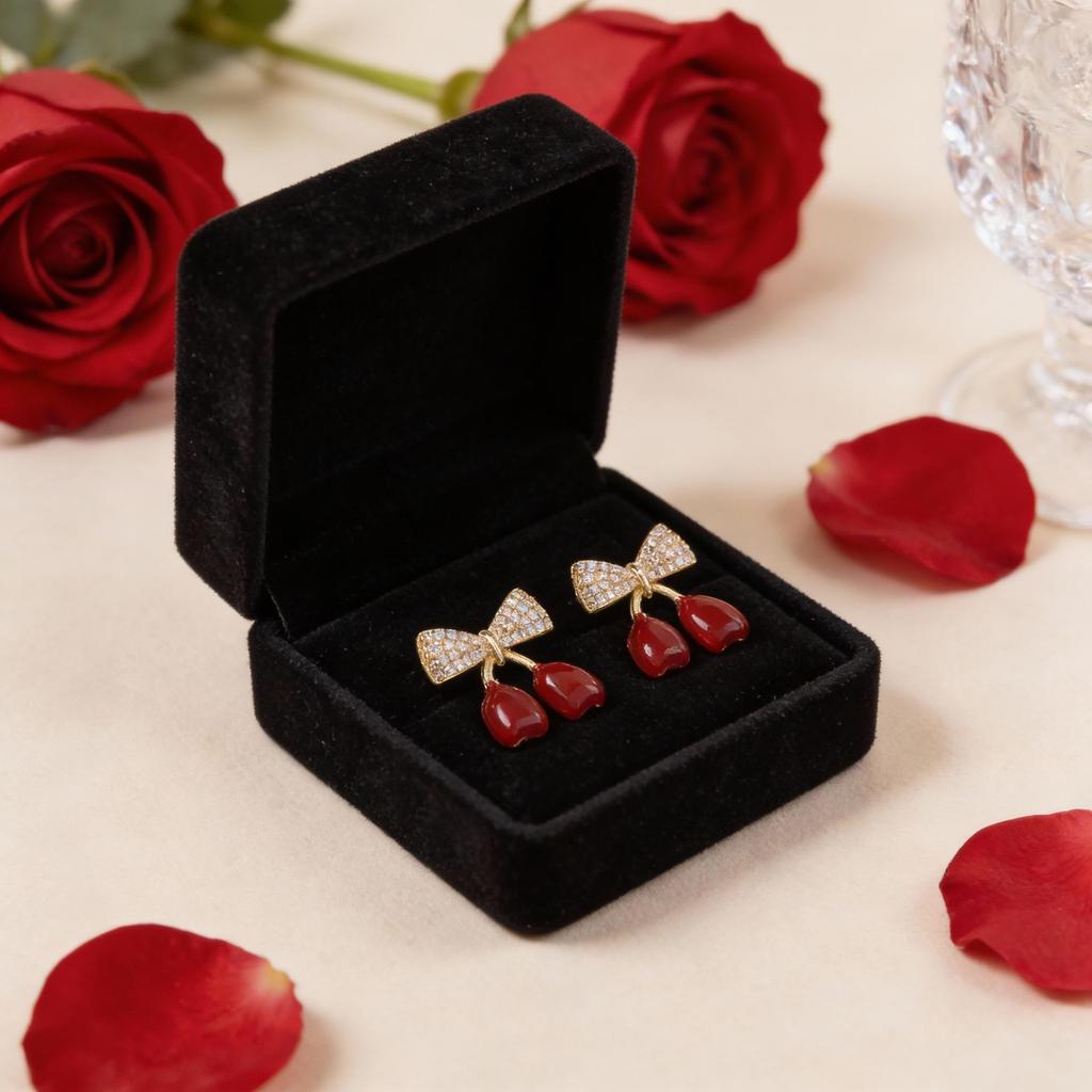 Elegant French S925 Silver Bow Cherry Dangle Earrings - Fashionable Micro-Paved Autumn/Winter Jewelry