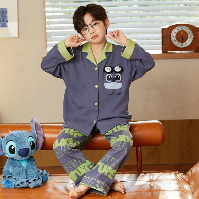Kids  Pure Cotton Cartoon Pajama Set - Spring/Autumn, Lapel Cardigan, Long Sleeve for Little Boys Size 12
