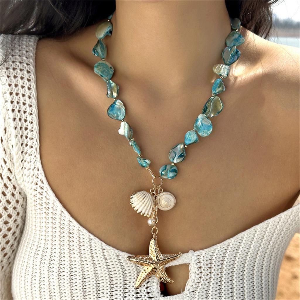 Chunky Gold Seashell Necklaces For Women Chunky Blue Statement Pearl Pendant Necklace Dainty Summer Beach Fashion Jewelry