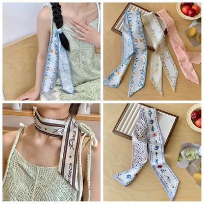 Luxury Ribbon Floral Scarf Retro Thin Scarf Headband Printed Neckerchief Long Scarves Sun Hat Trim Decoration