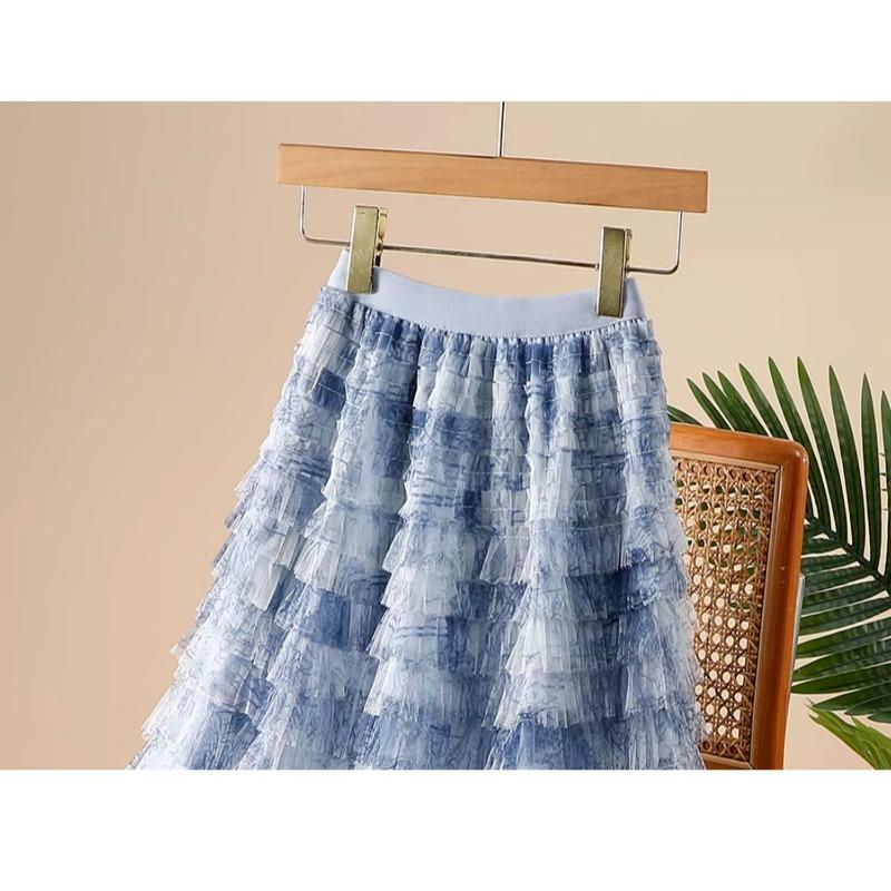 DIMANAF 2025 Summer Women Skirts Vintage Elastic Pleated Elegant Long Skirts New Lace Blue High Waist
