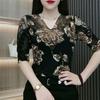 2024 Spring Summer Vintage Printed Pullovers Sexy Lace Gauze Spliced Female Clothing Elegant V-Neck Chic Diamonds Casual T-shirt
