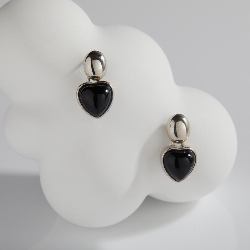 

Серьга/ожерелье из стерлингового серебра 925 пробы с натуральным камнем черный оникс в форме сердца любви, милые подарки для крутой девушки, изящный циркон для женщин