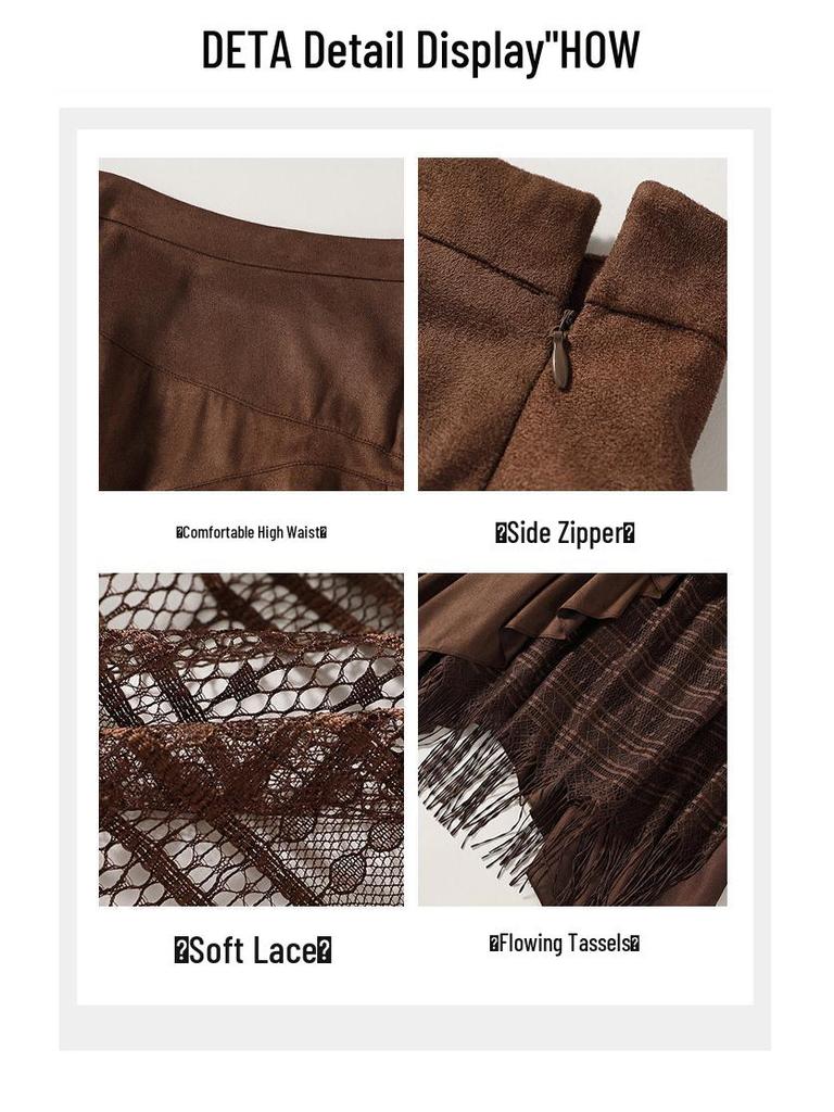 Women's High Waist Lace Patchwork Suede Midi Skirt, 2025 Autumn/Winter
