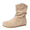 Suede short boots, women's pleated pile boots, round toe winter western denim fashionable women's boots