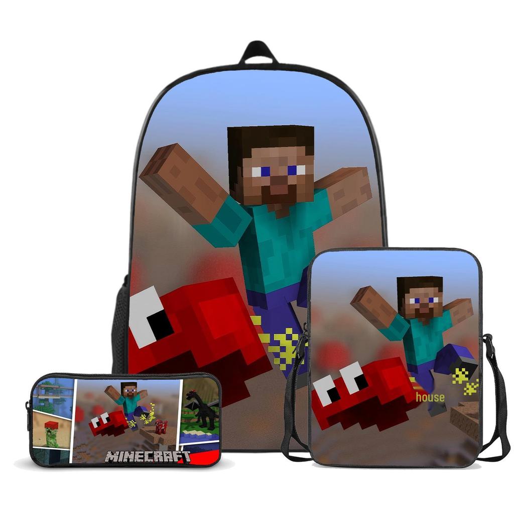 Popular Minecraft 3-Piece Set: Backpack, Messenger Bag, and Cartoon Pencil Case - Lightweight, Splash-Proof, Large Capacity