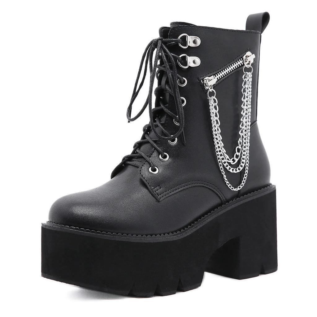 2024 Gothic Black Ankle Boots For Women Plus High Heel Female Shoes Lace-Up Nigh Club Black Sexy Rivets Chain Short Boots