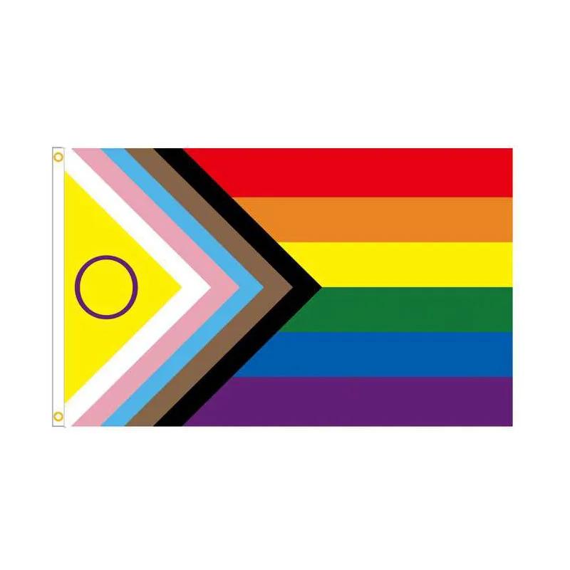 Bandiera Arcobaleno Progress Pride Bandiera Mese dell'Orgoglio Gay Lesbico LGBT Colore Vivace Resistente allo Sbiadimento Tela di Poliestere Intestazione Cucita Doppia