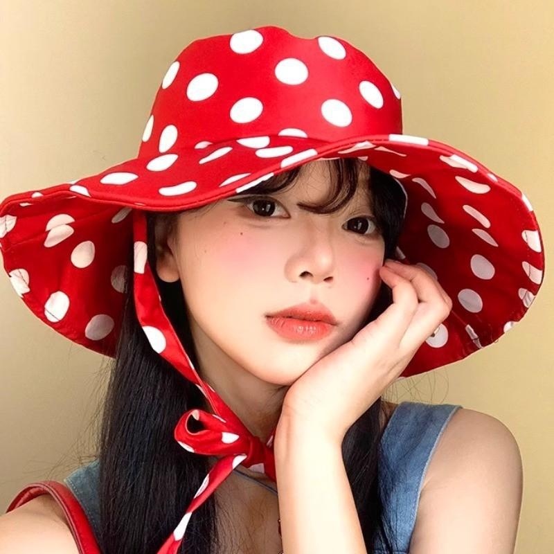 Vintage Red Polka Dot Bucket Hat With Wide Brim Sun Protection For Women Summer Casual