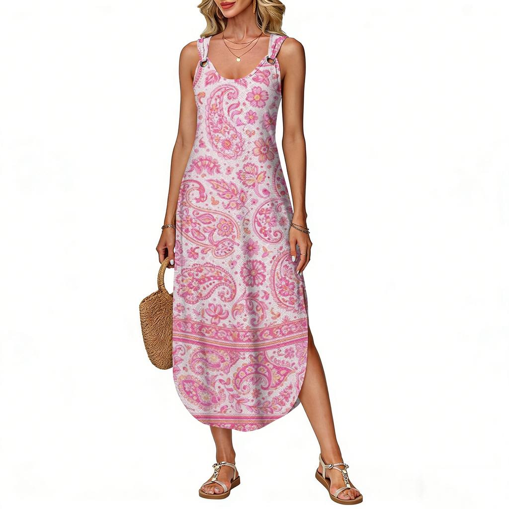 Women's Summer Long Dress, Sleeveless With Side Slits, Long Retro Printed Camisole Dress