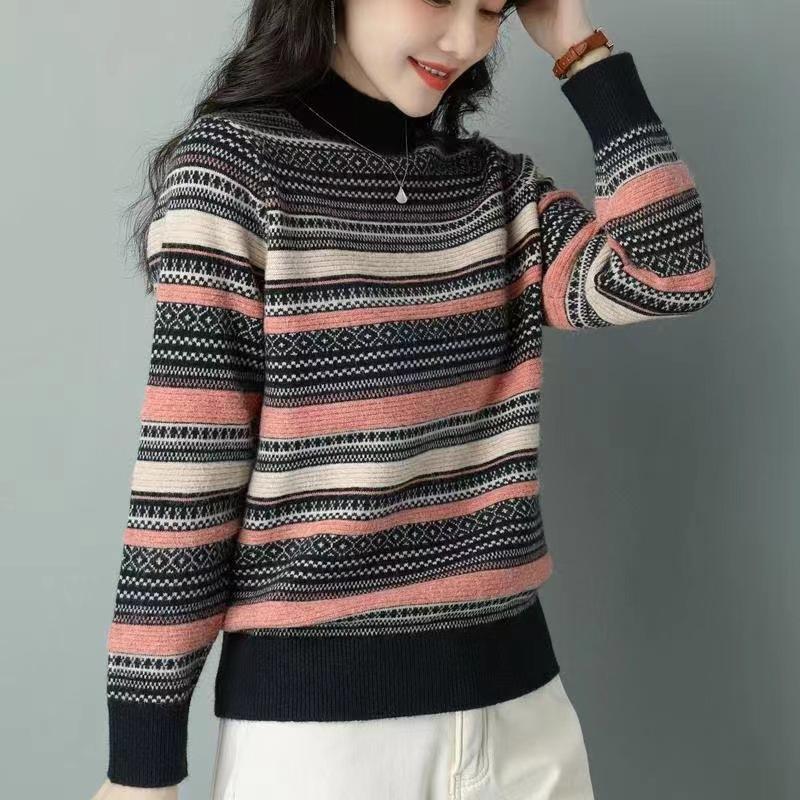 Herbst/Winter Strickpullover Locker Oberbekleidung Colorblocking Streifen Retro Basisshirt Halber Stehkragen Pullover für Damen