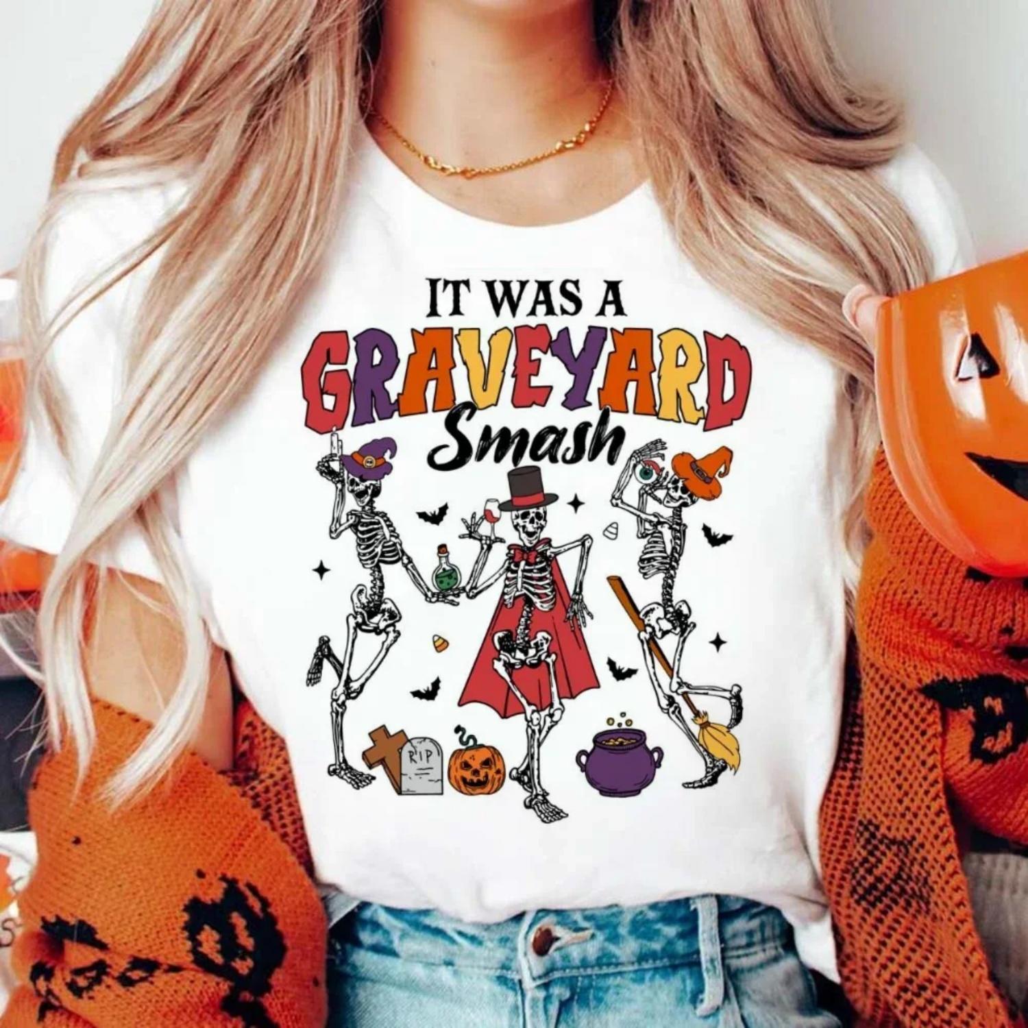 It Was A Graveyard Smash Dancing Skeleton Fun T-Shirt with Casual Print Pattern for Women s Fashionable Style Cute Clothing Top S