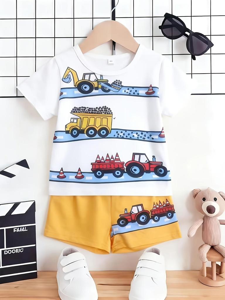 Summer Boys Cartoon Print Short Sleeve Shorts Set, Breathable Two-Piece Outfit For Home & Outdoor Wear