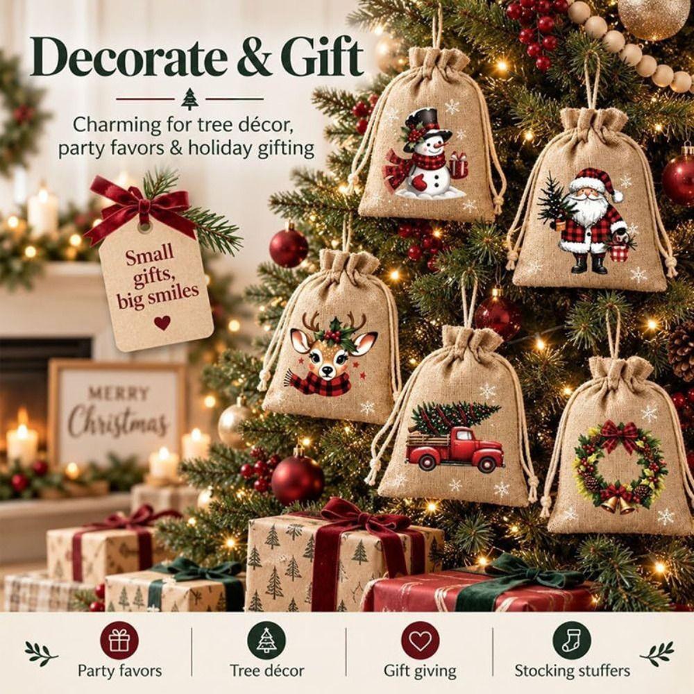5pcs Reusable Drawstring Gift Bags Rustic Christmas Gift Bags Candy Bags Christmas Party