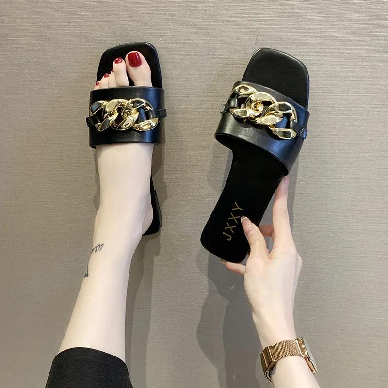 Fashion Wide Fit Slip-On Metal Chain Decor Slides For Women, Breathable Open-Toe Summer Casual Sandals With Adjustable Strap