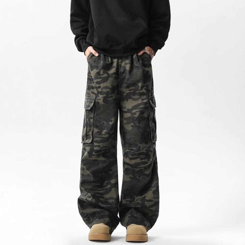 JYL Men's Cargo Flare Jeans American Vibe Lumberjack Camo High-Waist Slim Denim