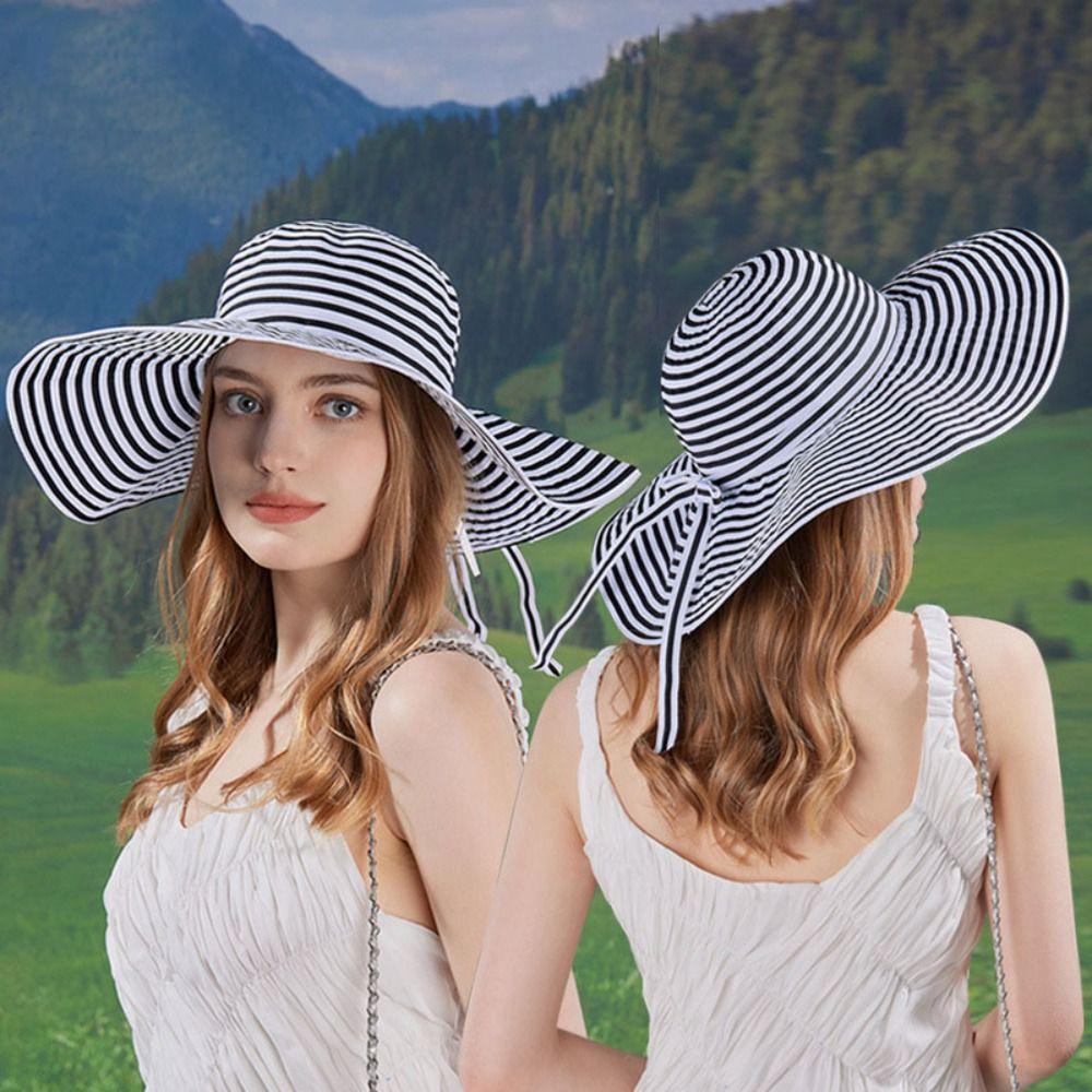 Bow Stripe Bucket Hat Wide Brim Sun Protection Cap Casual Fisherman Hat  Hiking