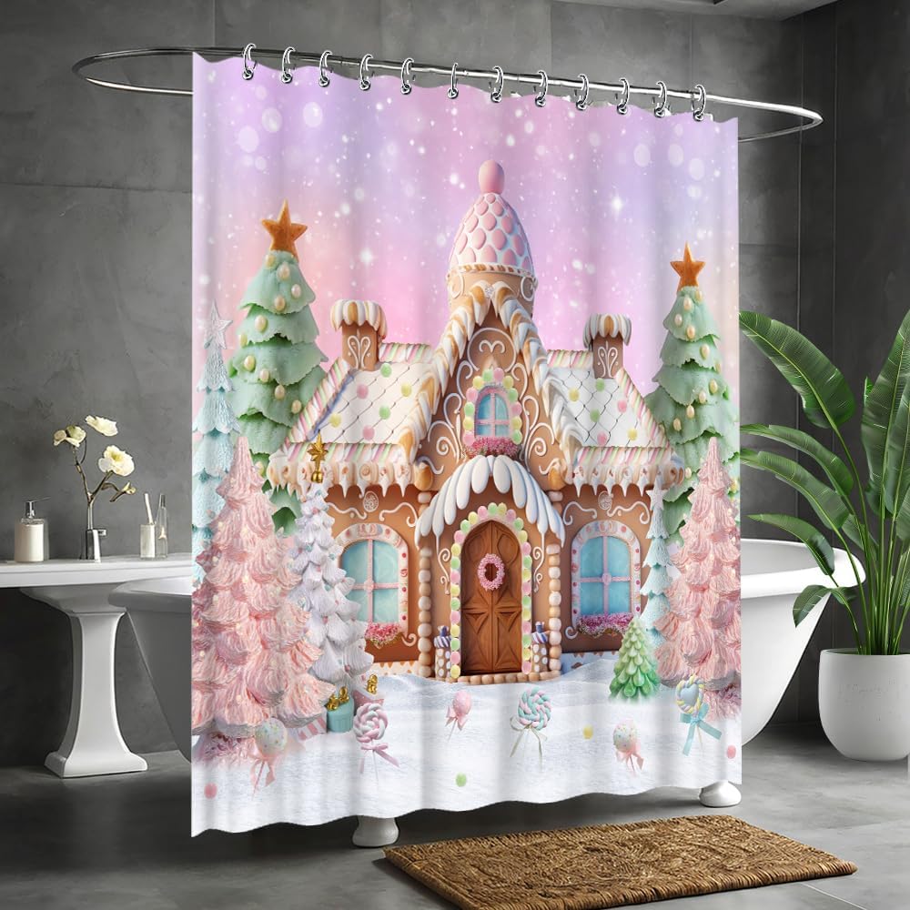 Christmas Cartoon Gingerbread House Shower Curtain Snow Winter Merry Xmas Tree Lollipop Santa Snowflake Party Decorations