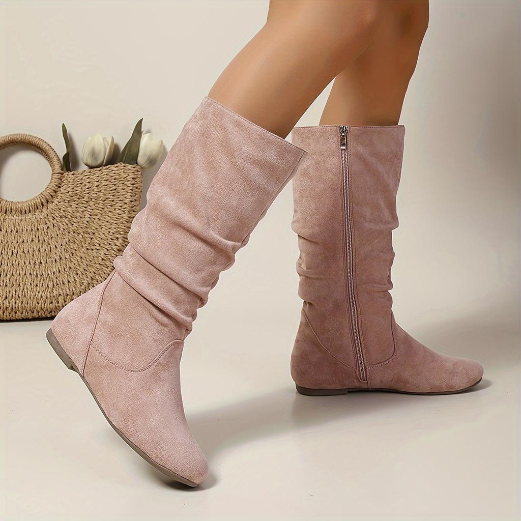 Women'S Solid Color Trendy Boots, Side Zipper Casual Flat Mid Calf Boots, Minimalist Round Toe Boots