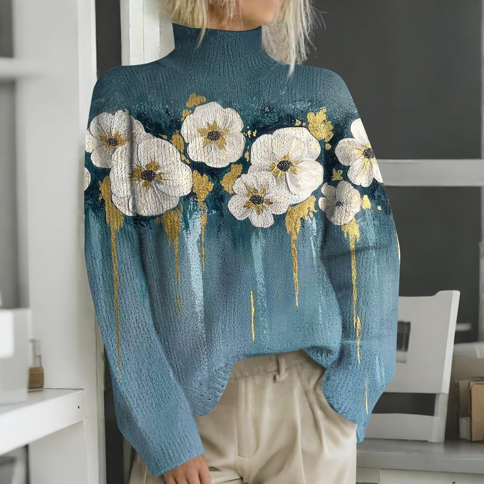 Женская мода повседневная с длинным рукавом и принтом с высоким воротом шерстяной трикотаж M 2250₽