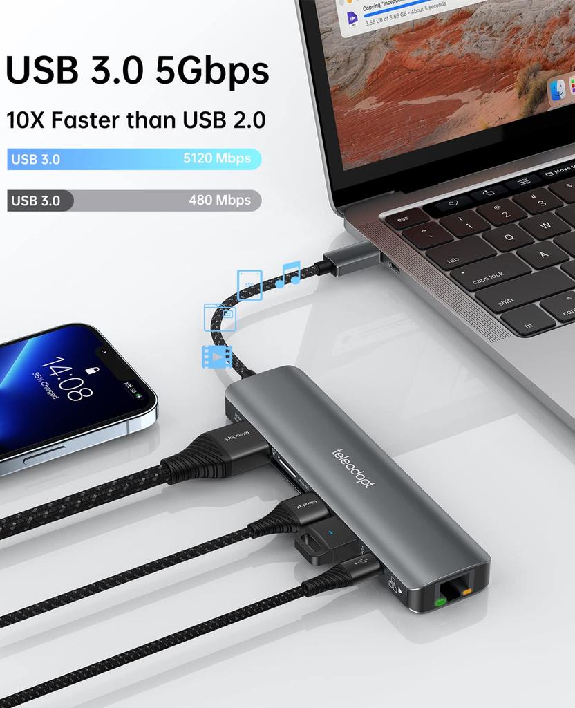 Teleadapt USB C Hub USB Hub HDMI 1Gbps Lan Hub Ethernet 100W PD Charging USB Port Hub SD TF Card Reader Compatible with MacBook MacBook iPad XPS