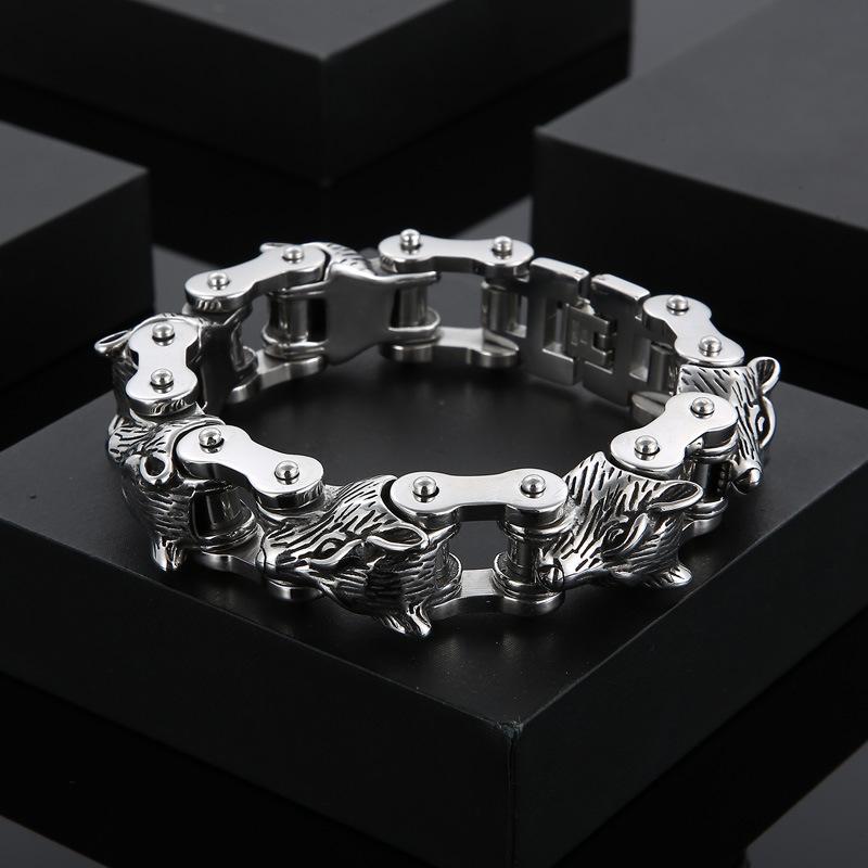 Heavy Punk Retro Viking Wolf Head Chain Bracelet Hiphop Men Women Stainless Steel Lion Bicycle Bike Biker Bangle Jewelry