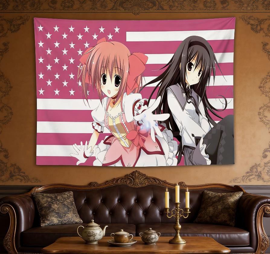 Madoka Magica Anime Tapestry, Madoka & Homura Pink Usa Flag Print Polyester Wall Hanging, Otaku Room Decor For Bedroom & Living