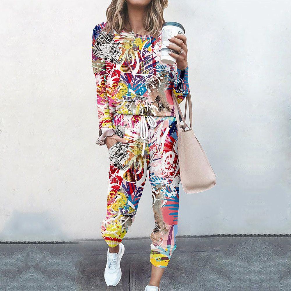 High-End Fashion Sports Sweater Set Women'S Autumn Loose Casual Long-Sleeved Printed Top Bundle Leg Pants Two-Piece Set