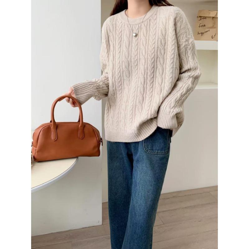 Soft waxy twist lazy knitted sweater for women's autumn and winter new casual thick loose pullover sweater top for women