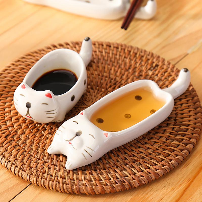 Cute Cat Ceramic Small Dish Mini Mustard Pesto Tomato Ketchup Soy Sauce Dish Seasoning Plates With Handle For Home Restaurant