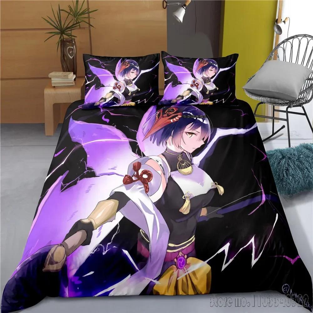 Indecor Genshin Impact Keqing Duvet Cover Set HD Comforter Cover for Kids Bedding Sets Bedclothes Bedroom Decor