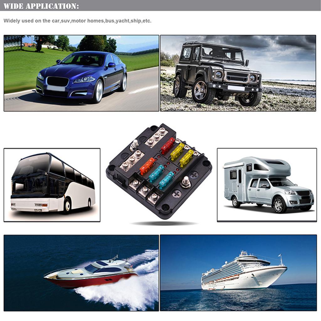 Bloco de fusíveis de 6 vias com suporte de caixa de circuito de aterramento - tampa de proteção LED luz indicação terminais de parafuso para carro marinho-barco