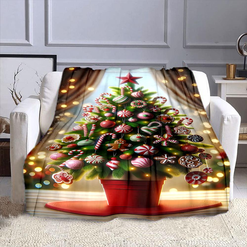 Candy-Themed Christmas Tree Patterned Flannel Blanket Perfect for the Bedroom Living Room, Sofa, or a Little Nap